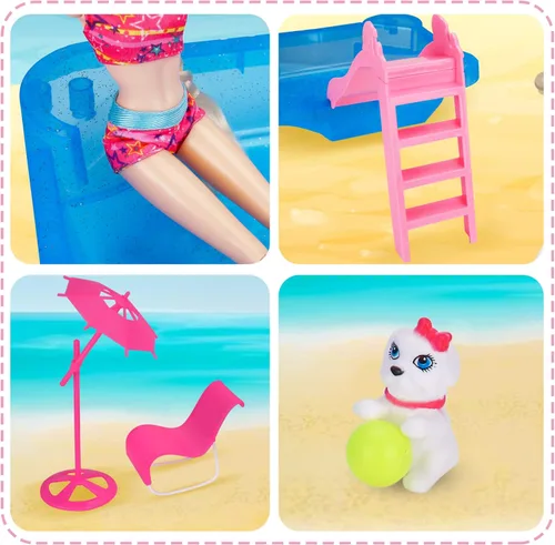 Miniatura 3 de BETTINA Juego de Piscina - Piscina Glamorosa con Tobogán, Accesorios de Piscina para Muñecas Incluye Silla de Playa, Sombrilla de Playa, Perro