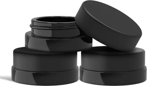 Paquete de (90) tarros de vidrio negro de perfil bajo y grueso de 7 ml con tapas negras - Envases herméticos para aceite, bálsamo labial, cera,