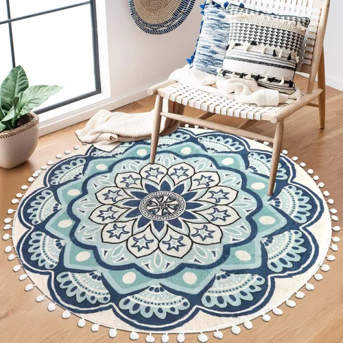 Miniatura 9 de Uphome Alfombra redonda pequeña de 2.3 pies, color azul, bohemia, con flecos de pompones, antideslizante, lavable, tapete de baño circular de Negro