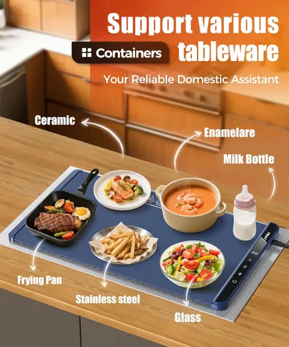 Miniatura 4 de Tapete de calentamiento de alimentos con almohadilla resistente al calor, 26 x 15 pulgadas, 6 ajustes de temperatura y 6 ajustes de temporizador
