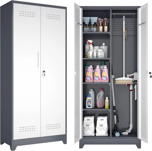 GREATMEET Gabinetes de Almacenamiento de Metal para Garaje de 72.8" H, Gabinete de Almacenamiento de Escobero con Cerradura con Puertas y Estantes,