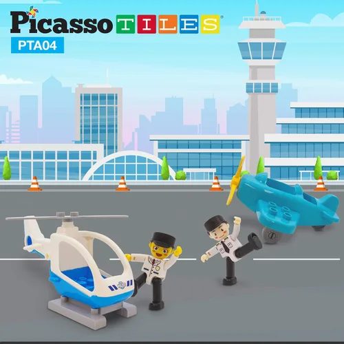 Miniatura 4 de PicassoTiles Figuras de avión + 80 piezas de azulejos magnéticos de diamante + 2 piezas para automóvil, paquete de expansión de 4 imanes de acción