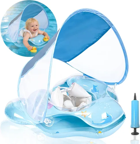 Flotador de piscina para bebé con toldo de protección solar UPF50+, flotador inflable para bebé con asiento de seguridad ajustable para niños de 6 a