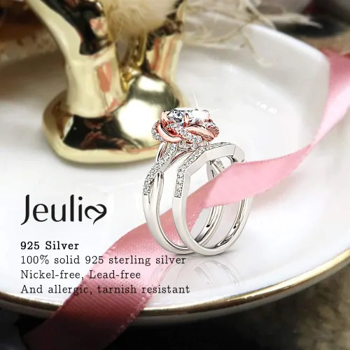 Miniatura 4 de Jeulia Anillos de compromiso con halo solitario para mujer, plata de ley, anillos de flores florales, chapados en oro rosa, anillo de diamante