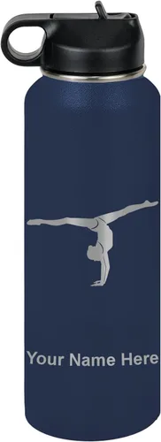 Miniatura 69 de LaserGram Botella de agua personalizada, gimnasta niña, acero inoxidable de doble pared aislada al vacío con popote superior, regalo grabado Azul