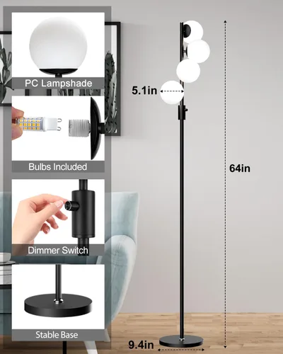 Miniatura 5 de Lightdot Lámpara de pie de globo regulable de 64 pulgadas, lámparas de pie negras con 4 bombillas de 3000 K incluidas, lámpara de pie moderna de 4