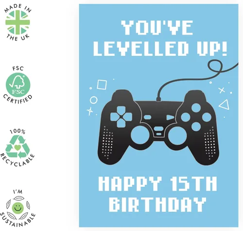 Miniatura 2 de CENTRAL 23 Divertida tarjeta de cumpleaños número 15 para niños, con texto en inglés «You've Levelled Up!», feliz cumpleaños quince años, quince
