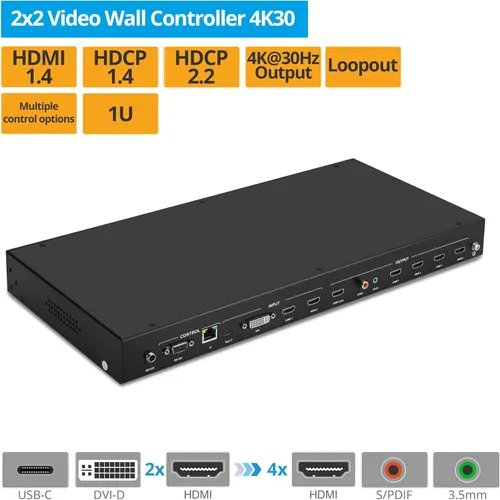 Miniatura 2 de gofanco Controlador de procesador de pared de video 2x2: hasta 4K 30Hz, cuatro entradas conmutables, 9 modos de videowall, cascada de hasta 10x10