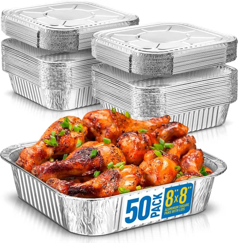 Miniatura 10 de 8x8 Sartenes desechables de aluminio con tapas - 10 unidades de sartenes de papel de aluminio para cocinar, hornear pasteles, asar y panes caseros