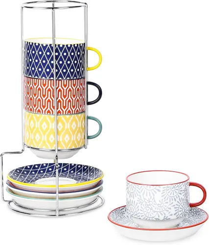 Miniatura 12 de Selamica Tazas de café expreso de cerámica con platillos y soporte de metal, tazas demitasse apilables de 2.5 onzas para café expreso, latte, café
