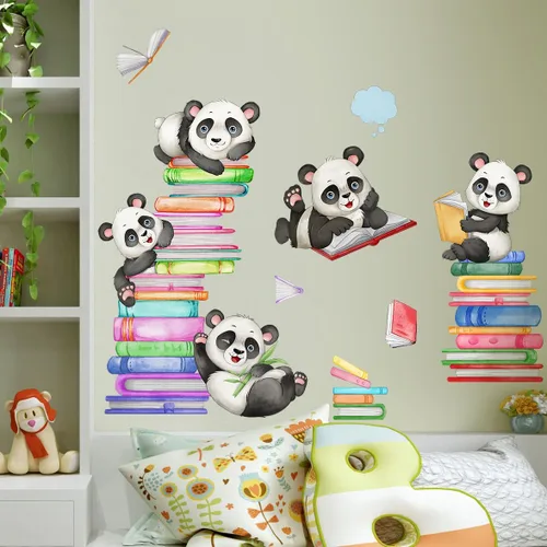 Miniatura 4 de Amaonm - Calcomanía de pared de libro de lectura de panda feliz de dibujos animados, calcomanías educativas, decoración artística para niños, niños