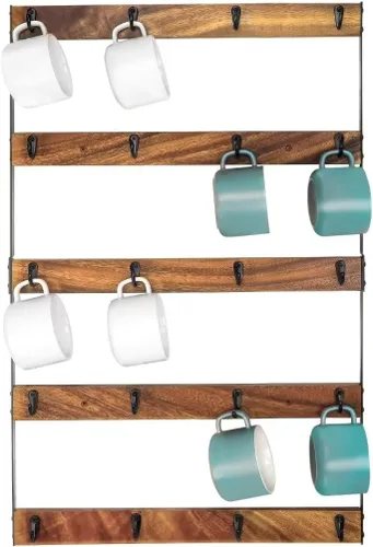 Miniatura 7 de Soporte para taza de café montado en la pared, estante grande de 5 niveles con 20 ganchos para tazas, estante de exhibición de madera rústica