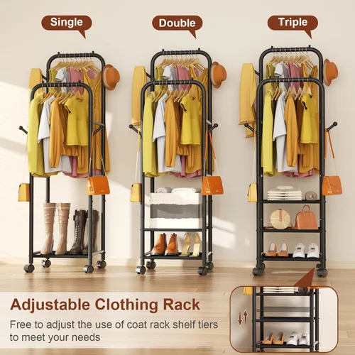 Miniatura 9 de Furologee - Percheros enrollables para colgar ropa, con dobles varillas, con ruedas, perchereros resistentes, perchero metálico portátil