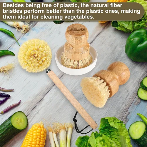 Miniatura 3 de Juego de cepillos de madera para platos limpios, sartenes y verduras, cerdas naturales de bambú con plato de cerámica, 1 cepillo de mango largo + 2