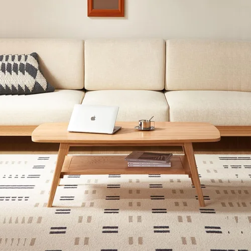 Miniatura 11 de Mesa auxiliar 100% de madera maciza con estante de almacenamiento, mesa central de madera de 2 niveles para sala de estar, mesa rectangular rústica