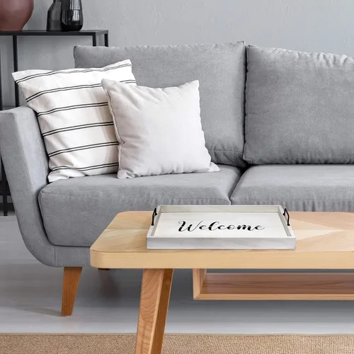 Miniatura 5 de Elegant Designs HG2000-WWC 15.50" x 12" Bandeja de madera decorativa para servir con asas, lavado blanco Bienvenido White Wash "Bienvenido