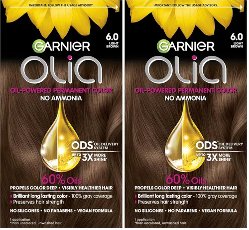 Miniatura 28 de Garnier Olia Tinte para el cabello permanente rico en aceite de color brillante sin amoníaco, 5.0 marrón medio (paquete de 2) tinte para el cabello