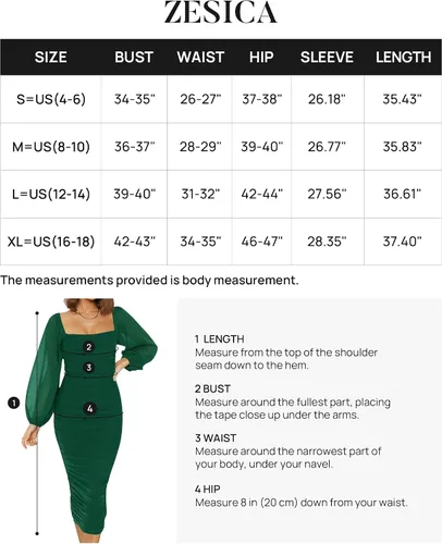 Miniatura 6 de ZESICA Vestido midi sexy y fruncido para mujer 2024, manga larga, cuello cuadrado, espalda descubierta, cóctel, fiesta, boda
