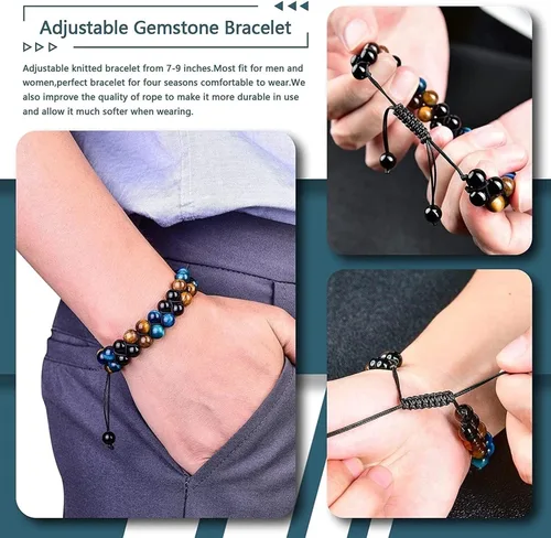 Miniatura 4 de Triple Protection Bracelet, 8mm 10mm Natural Stone Beads Obsidian Tiger Eye Hematite, Double Layer Hand Healing Crystal Stretch Bracelet,Protection