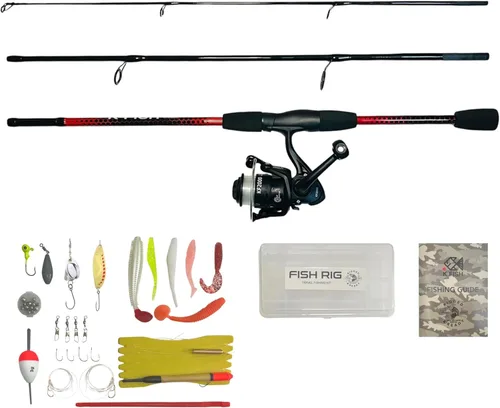 Juego de combinación de pesca de peces K aparejados y listos. Caña compacta de 3 secciones de 66.9 in 5 pies 7 pulgadas, caja de aparejos y aparejos