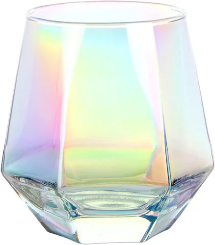Copa de vino sin tallo para vino tinto y blanco, cristalería iridiscente en forma de diamante para whisky, cóctel, regalo para aniversario, boda,