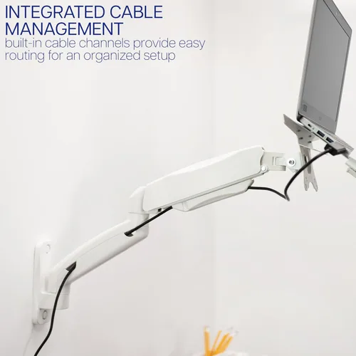 Miniatura 9 de VIVO Soporte de pared para portátil de brazo extendido neumático ajustable en altura, bandeja articulada de movimiento completo, se adapta a Blanco