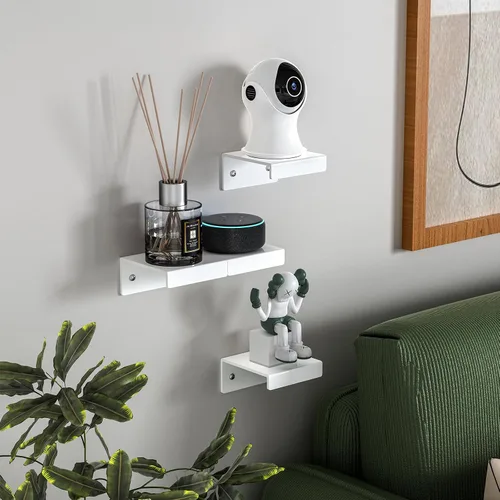 Miniatura 6 de Estantes de pared flotantes de acrílico para cámaras de seguridad, monitores de bebé, altavoces, estante de pared pequeño blanco con cintas