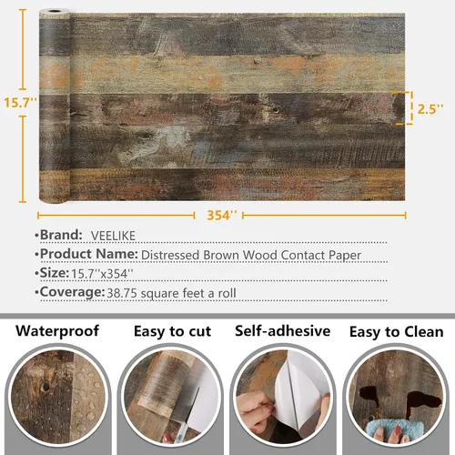 Miniatura 8 de VEELIKE Papel adhesivo de madera pintada gruesa para encimeras, papel tapiz de madera sintética impermeable de 15.7 x 354 pulgadas, papel de Marrón