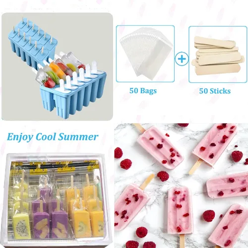 Miniatura 7 de Moldes de silicona para paletas con palitos de 12 cavidades, molde para helado con cepillo limpio, 12 varillas reutilizables, 50 varillas, 50 Azul