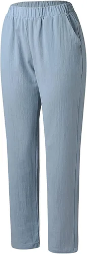 Miniatura 4 de Pantalones de lino para mujer, de verano, casuales, de tiro alto, cónicos, de algodón, cintura elástica, con bolsillos