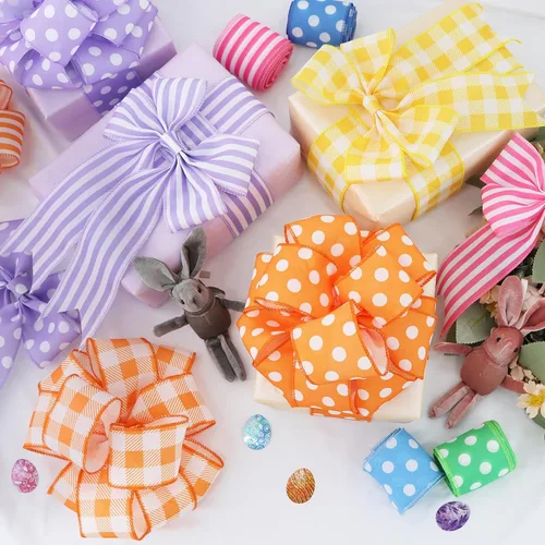 Miniatura 6 de TONIFUL Cinta de arpillera de lunares naranjas de 2.5 pulgadas, cinta con alambre de Pascua, verano, primavera para envolver regalos, hacer lazos