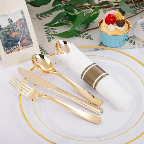 Miniatura 2 de DaYammi Juego de vajilla de plástico dorado transparente de 210 piezas para 30 invitados, platos desechables elegantes para fiestas, incluye: 30