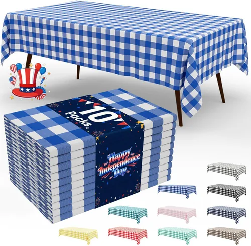 Miniatura 90 de Smiry Paquete de 3 Manteles Desechables de Cuadros Gingham Color Caqui - 54" x 72" Mantel de Plástico de Servicio Pesado, Cubiertas de Mesa