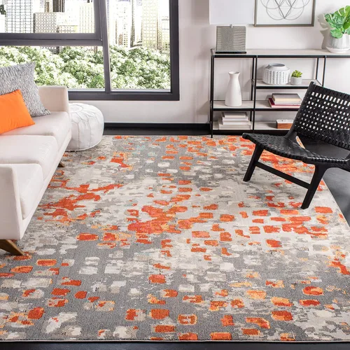 SAFAVIEH MAD425H Madison Collection Alfombra decorativa cuadrada de 3', gris/naranja, diseño abstracto bohemio desgastado, no desprende pelusa, para