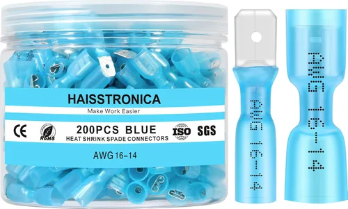 Miniatura 12 de haisstronica 150 piezas de conectores de pala hembra termorretráctiles amarillos, kit de terminales termorretráctiles hembra de pala calibre AWG