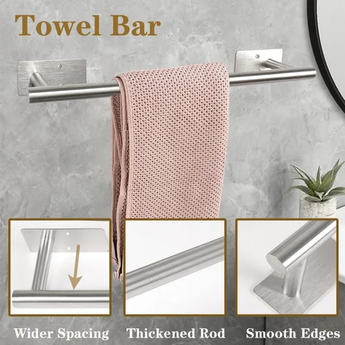Miniatura 5 de Barra de toalla de baño autoadhesiva, toalleros de acero inoxidable para baño sin perforaciones, resistentes y antioxidantes, adhesivo en la pared