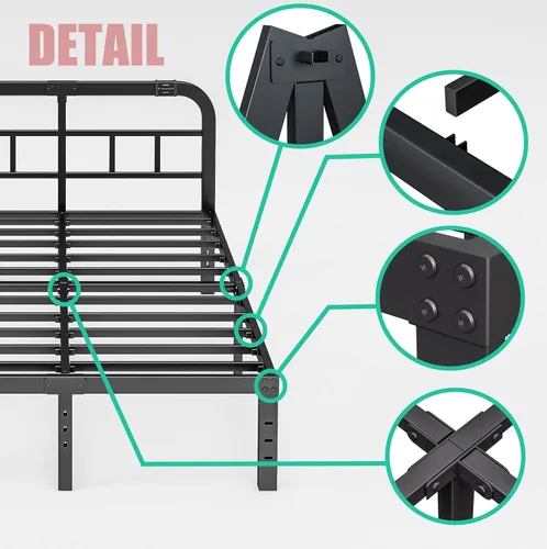 Miniatura 5 de ZIYOO Base de cama tamaño Queen con cabecero, 14 pulgadas de alto, listones de acero resistente de 1500 libras, soporte para colchón, no necesita