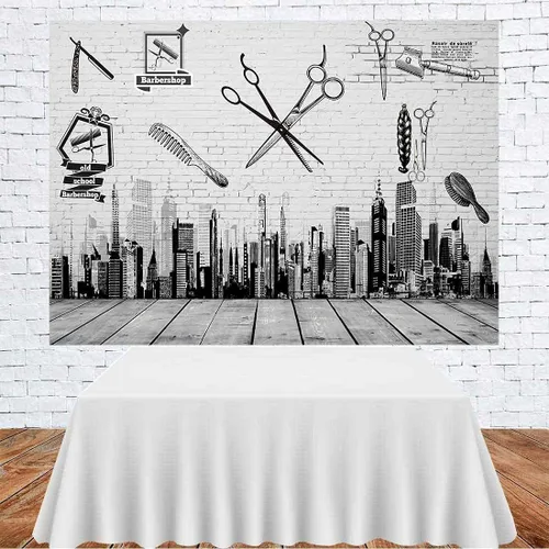 Miniatura 4 de Herramientas de barbería telón de fondo, peine de corte de pelo, edificios de gran altura, pintura de pared, madera de piso, pancarta de mesa