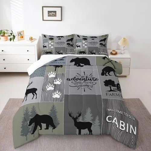 Miniatura 44 de Manfei Rutic Farmhouse - Juego de edredón tamaño King, juego de ropa de cama de retazos de madera a cuadros de ciervo, oso, árbol, 3 piezas