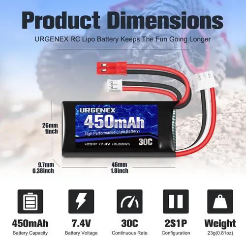 Miniatura 2 de 7.4V Lipo 2S 30C 450mAh Batería recargable Lipo con enchufe JST y PH2.0 SCX24 con cargador USB 1 a 2 Compatible con la mayoría de vehículos RC