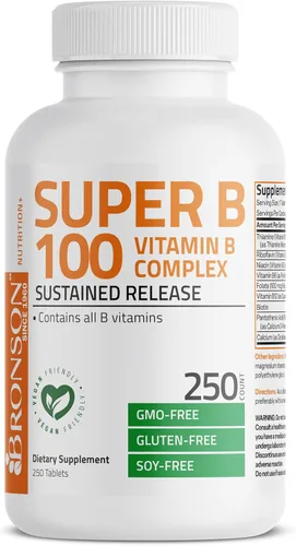 Miniatura 5 de Bronson Complejo de Vitamina B Super B 100 de Liberación Sostenida Contiene Todas las Vitaminas B (Vitamina B1, B2, B3, B6, B9 - Ácido Fólico, B12)
