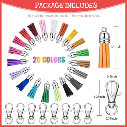 Miniatura 4 de Juego de 60 piezas de accesorios para llaves, 20 llaveros con anillo, 20 borlas de cuero para llavero y 20 ganchos giratorios a presión