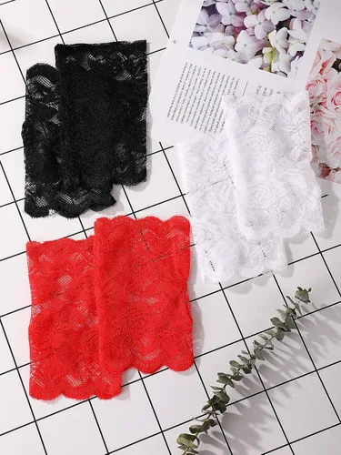 Miniatura 7 de 3 pares de guantes de encaje para mujer, sin dedos, cortos, floral, para boda, fiesta