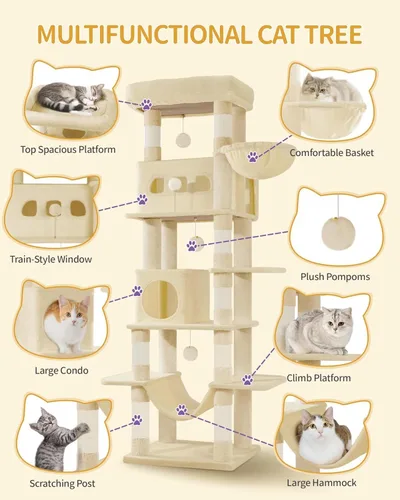 Miniatura 5 de Hzuaneri Árbol para gatos de interior, torre grande de 69.9 pulgadas para gatos, casa de varios niveles con condominio, 8 postes rascadores, hamaca
