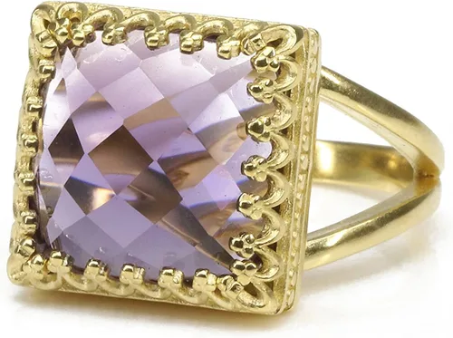 Intrincado anillo de piedra natal de febrero, anillo de amatista en doble banda chapada en oro de 14 quilates, joyería de amatista hecha a mano para