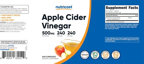 Miniatura 9 de Nutricost Vinagre de Manzana 0,018 oz; 240 Cápsulas, 1 botella, 1