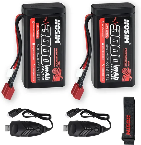 Hosim 2 baterías Lipo RC Lipo de 7.4 V 15C 3000 mAh con 2 cargadores USB y 1 correa de batería para control remoto de coche RC sin escobillas