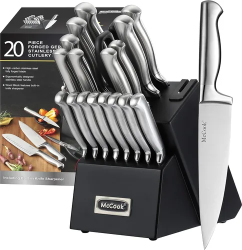 McCook® Juego de cuchillos de cocina alemanes de acero inoxidable con afilador integrado, 20 cuchillos de cocina afilados, antioxidante, diseño