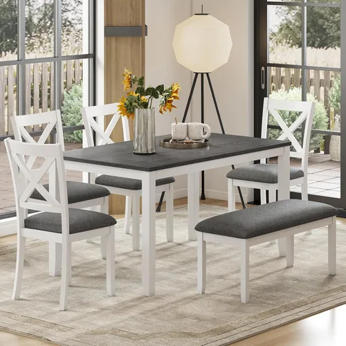 Miniatura 13 de Zevemomo Juego de mesa de comedor de madera maciza de 6 piezas, incluye 1 mesa de comedor, 4 sillas tapizadas y 1 banco, juego de mesa de comedor