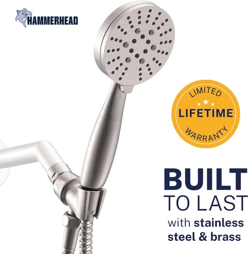 Miniatura 2 de HammerHead Showers Solid Metal 3-Spray Handheld Shower Head with Long Hose and Holder, High Pressure, Wide/Massage/Mist Sprays, Brushed Nickel, 1.75